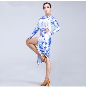 White and blue rose floral printed long sleeves fringes tassels competition professional performance latin salsa cha cha dance dresses outfits